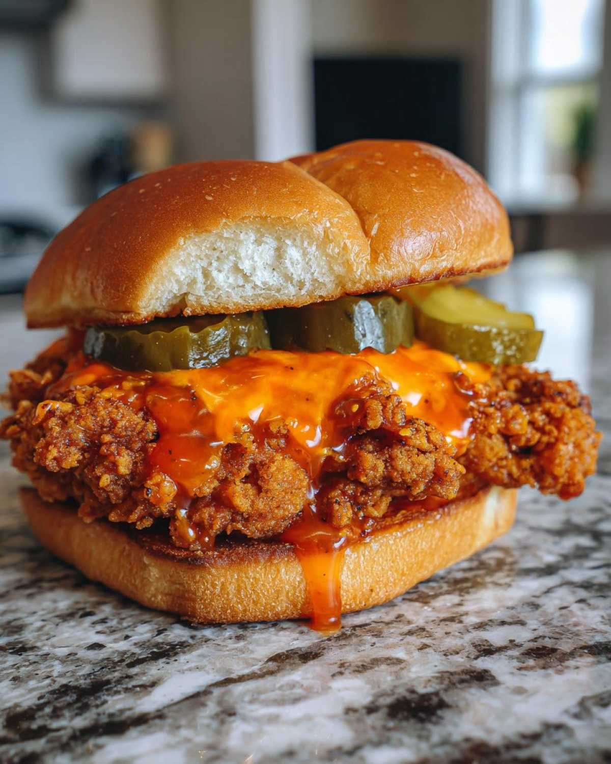 A close-up of a Crispy Chicken Sandwich with Honey Sauce, melted cheese, and pickle slices on a brioche bun.