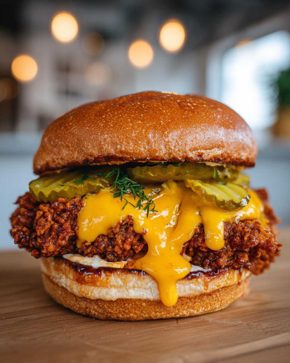 A close-up of a juicy Crispy Chicken Sandwich with Honey Sauce, topped with melted cheese and pickles