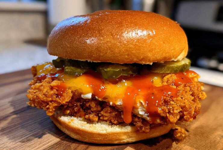 A close-up of a Crispy Chicken Sandwich with Honey Sauce, topped with melted cheese and pickles on a brioche bun.