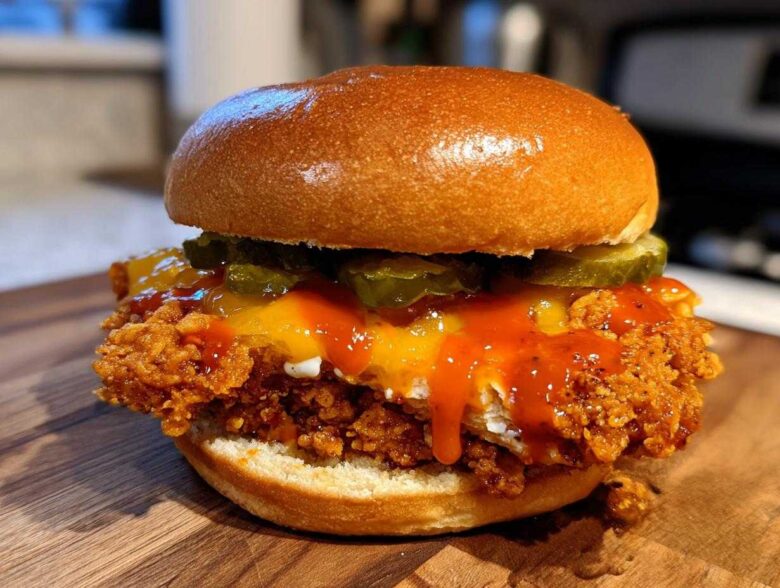 A close-up of a Crispy Chicken Sandwich with Honey Sauce, topped with melted cheese and pickles on a brioche bun.