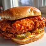 A close-up of a Crispy Chicken Sandwich with Spicy Honey Sauce, featuring a thick, glazed fried chicken patty and pickles on a brioche bun.