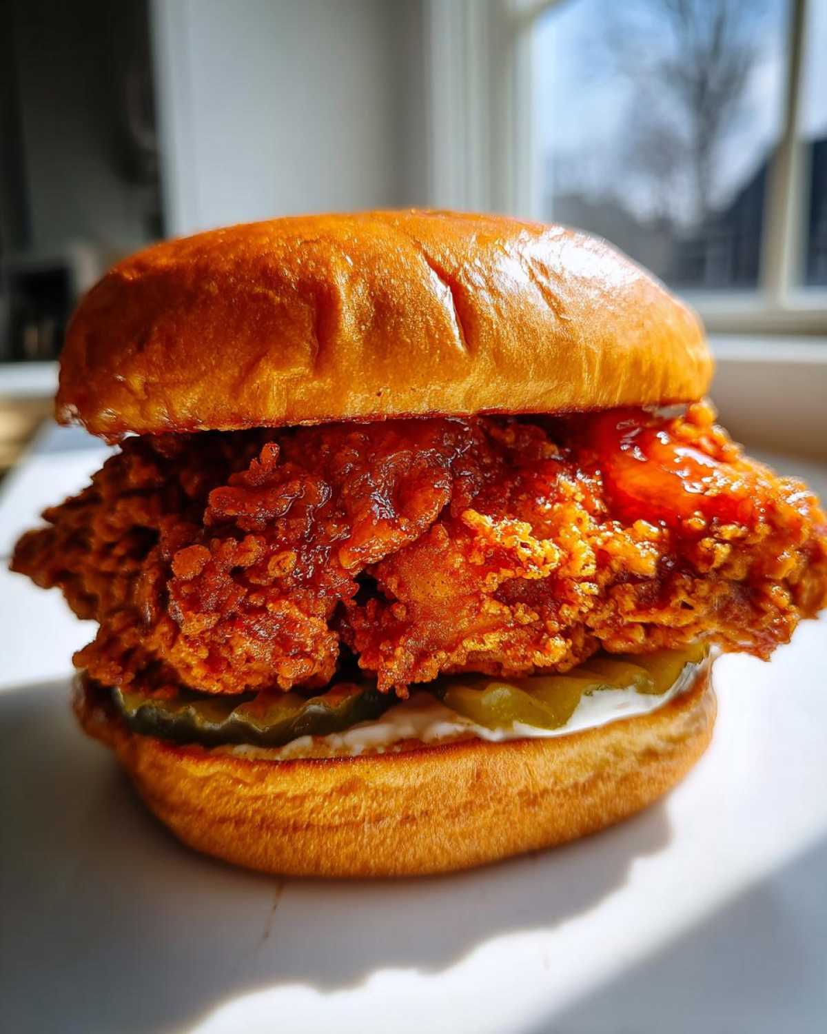 A close-up of a Crispy Chicken Sandwich with Spicy Honey Sauce, featuring a thick fried patty, pickles, and a brioche bun.