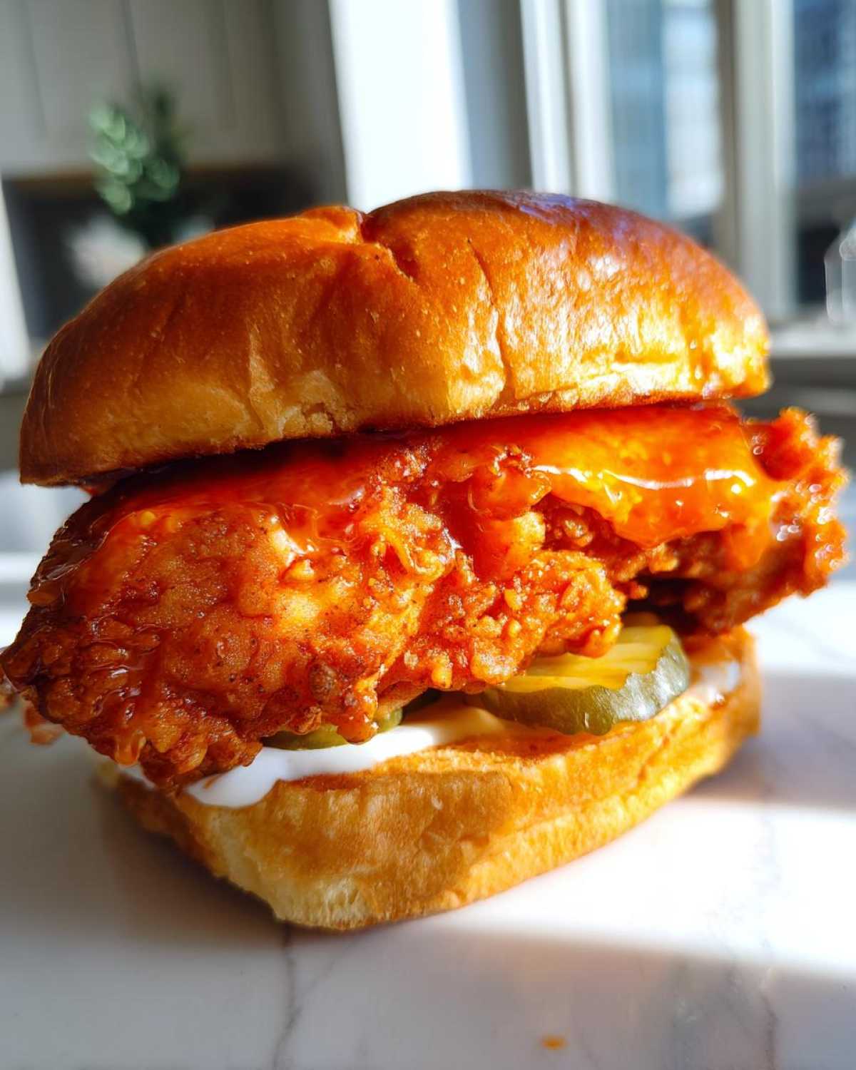 A close-up of a Crispy Chicken Sandwich with Spicy Honey Sauce, featuring a thick fried patty, pickles, and creamy sauce on a brioche bun.