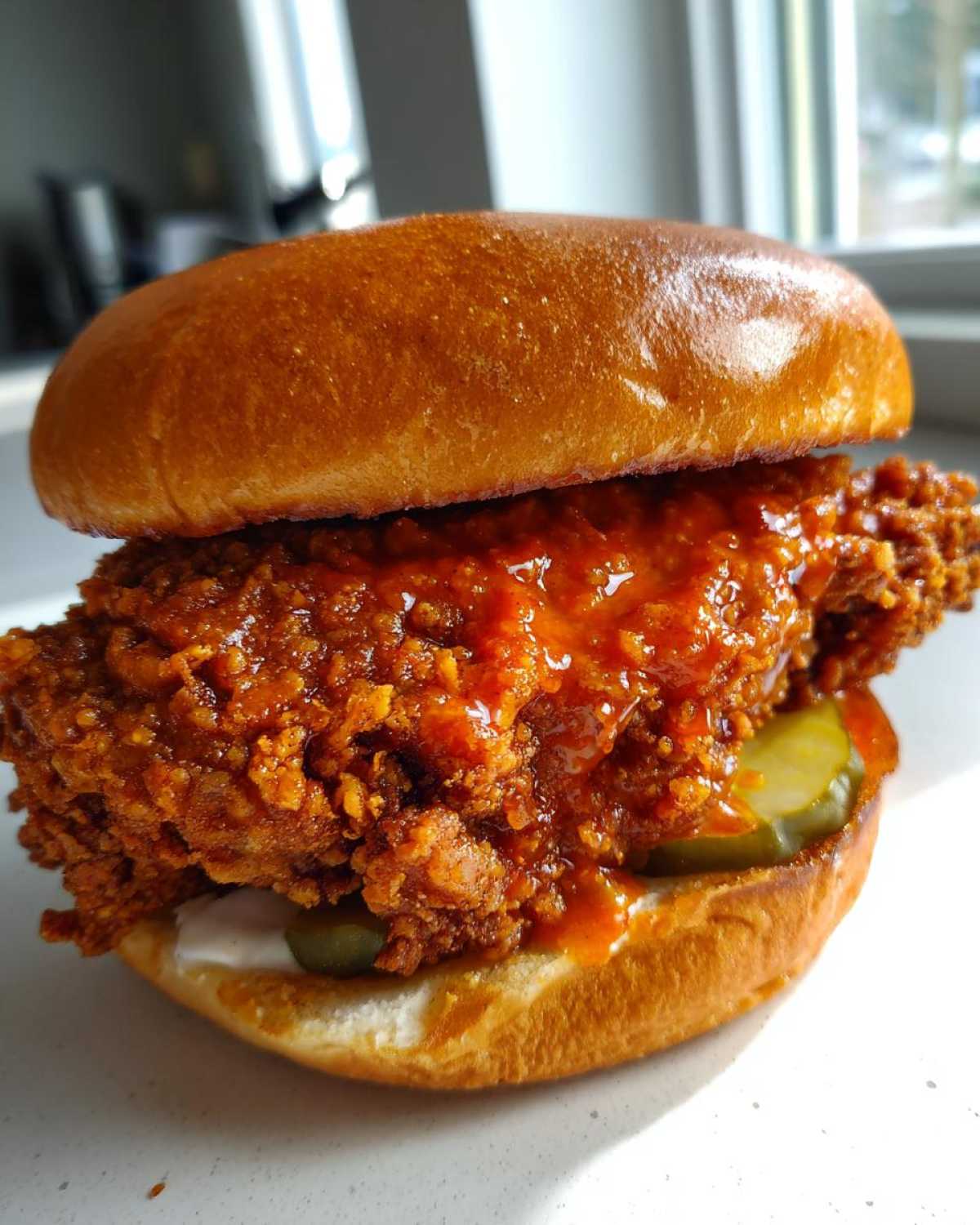 A close-up of a Crispy Chicken Sandwich with Spicy Honey Sauce, featuring a thick, craggy fried chicken fillet, pickles, and a glossy sauce on a brioche bun.