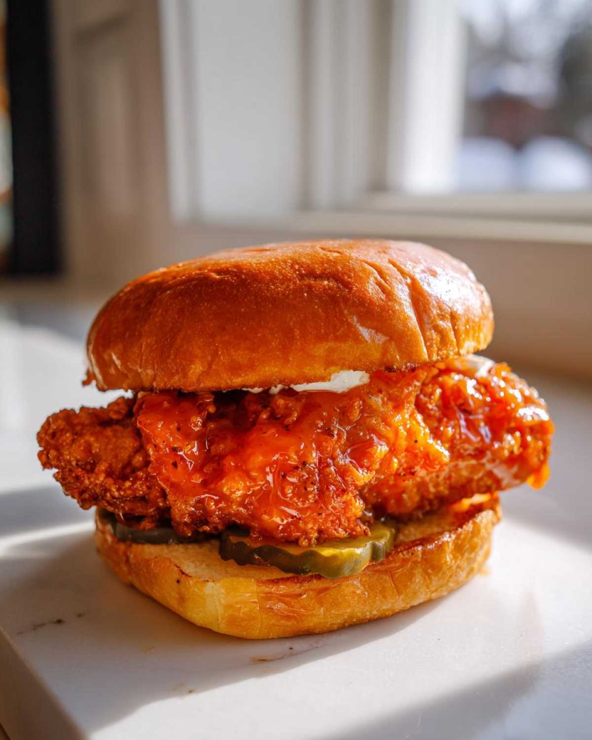 A perfectly assembled Crispy Chicken Sandwich with Spicy Honey Sauce, pickles, and a brioche bun.