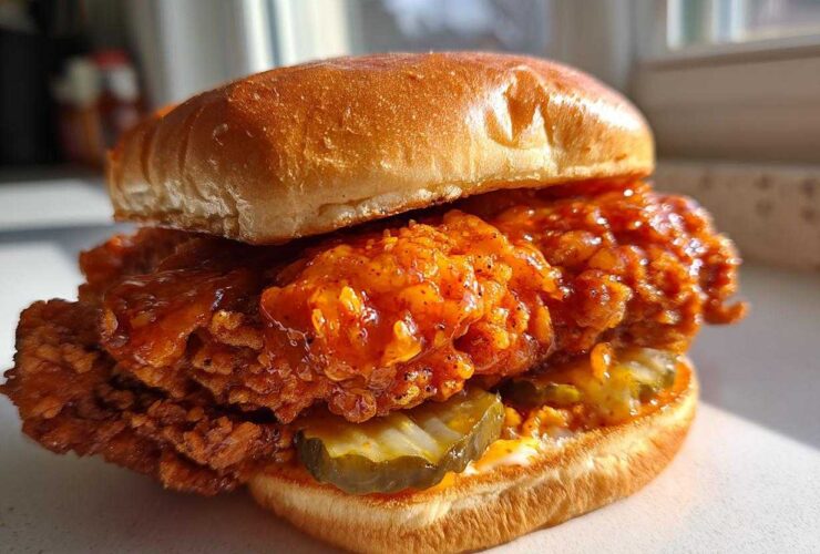 A close-up of a Crispy Chicken Sandwich with Spicy Honey Sauce, featuring a thick, glazed fried chicken patty and pickles on a brioche bun.