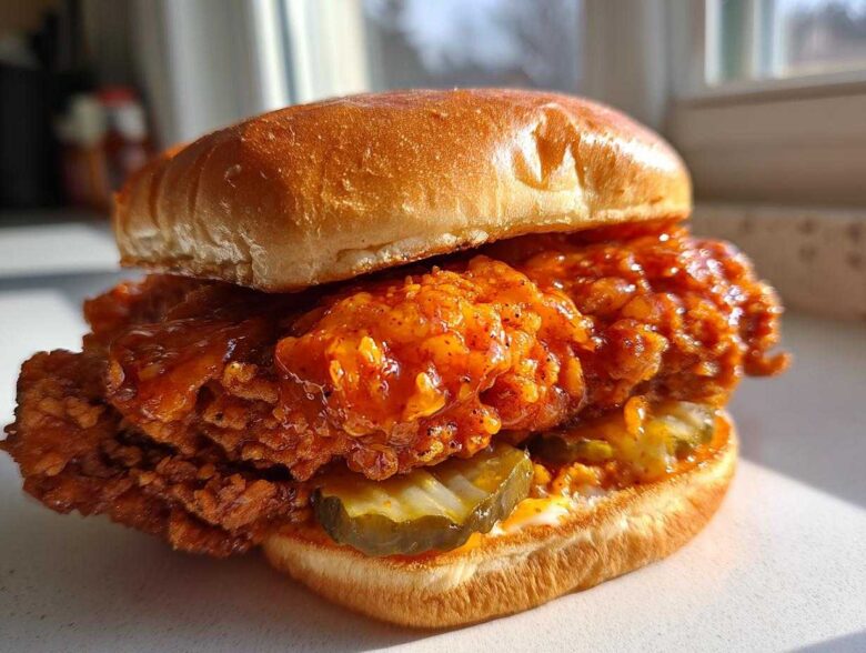 A close-up of a Crispy Chicken Sandwich with Spicy Honey Sauce, featuring a thick, glazed fried chicken patty and pickles on a brioche bun.