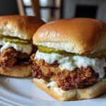 Two delicious Crispy Chicken Sliders featuring golden fried chicken, garlic sauce, and pickles on soft buns.