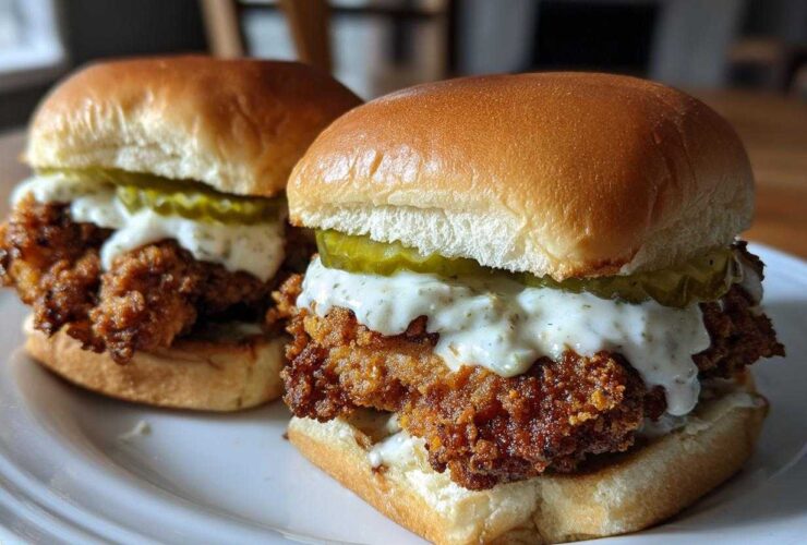 Two delicious Crispy Chicken Sliders featuring golden fried chicken, garlic sauce, and pickles on soft buns.