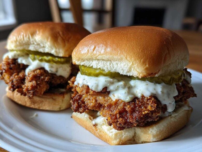 Two delicious Crispy Chicken Sliders featuring golden fried chicken, garlic sauce, and pickles on soft buns.