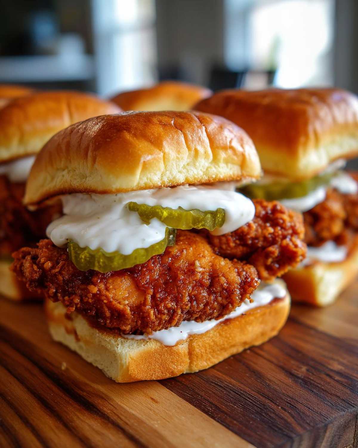 Close-up of a Crispy Chicken Sliders with Garlic Sauce topped with pickles on a brioche bun.