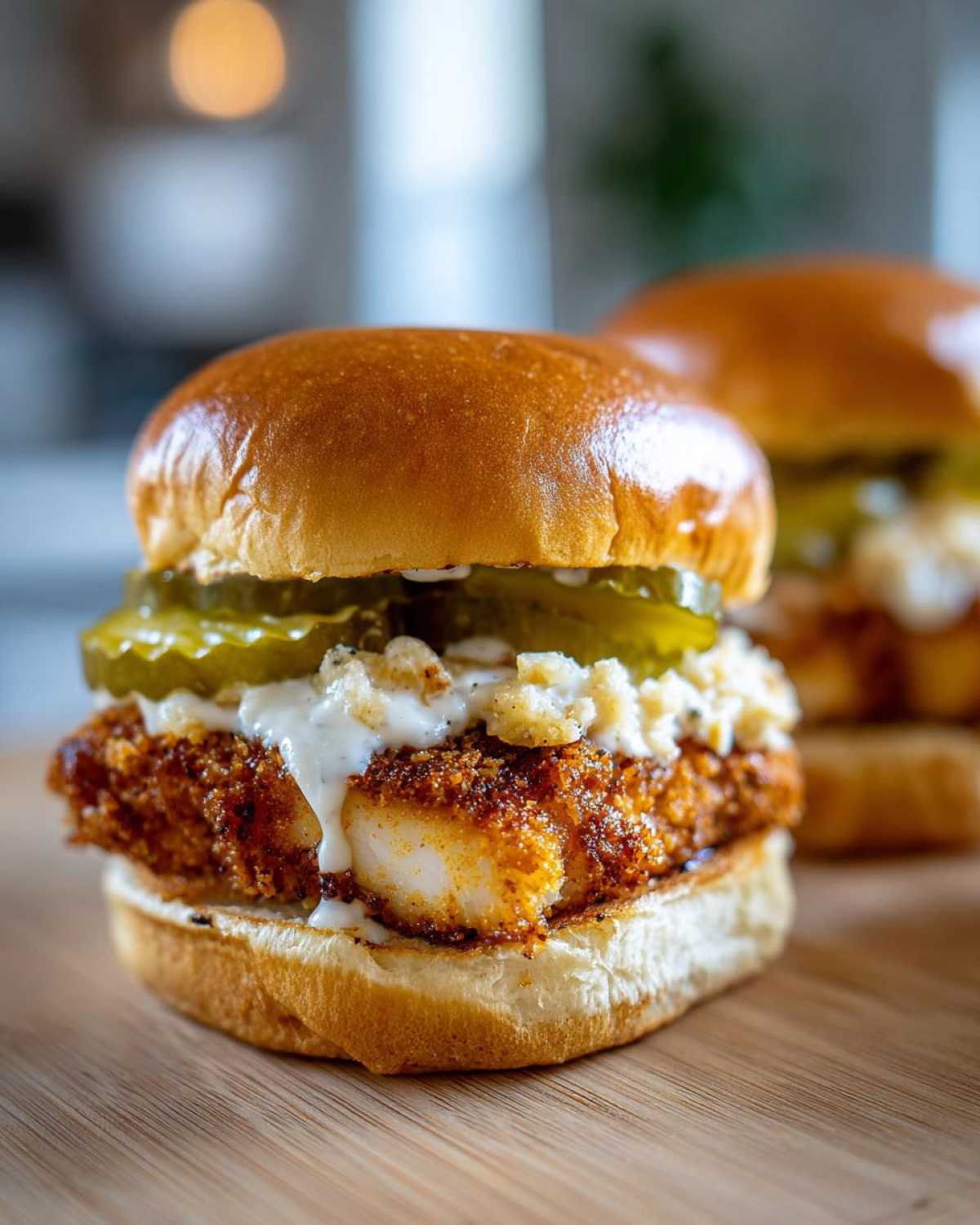 A close-up of a delicious Crispy Chicken Sliders with Garlic Sauce, topped with pickles and a creamy sauce.