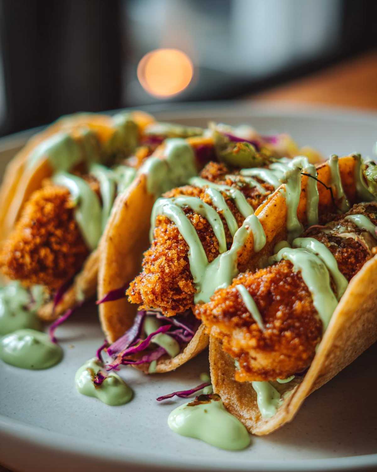 Three Crispy Chicken Tacos topped with vibrant green avocado cream sauce and shredded red cabbage.