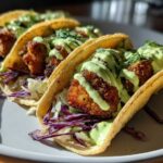 Three Crispy Chicken Tacos with avocado cream drizzle, shredded cabbage, and cilantro on a white plate.
