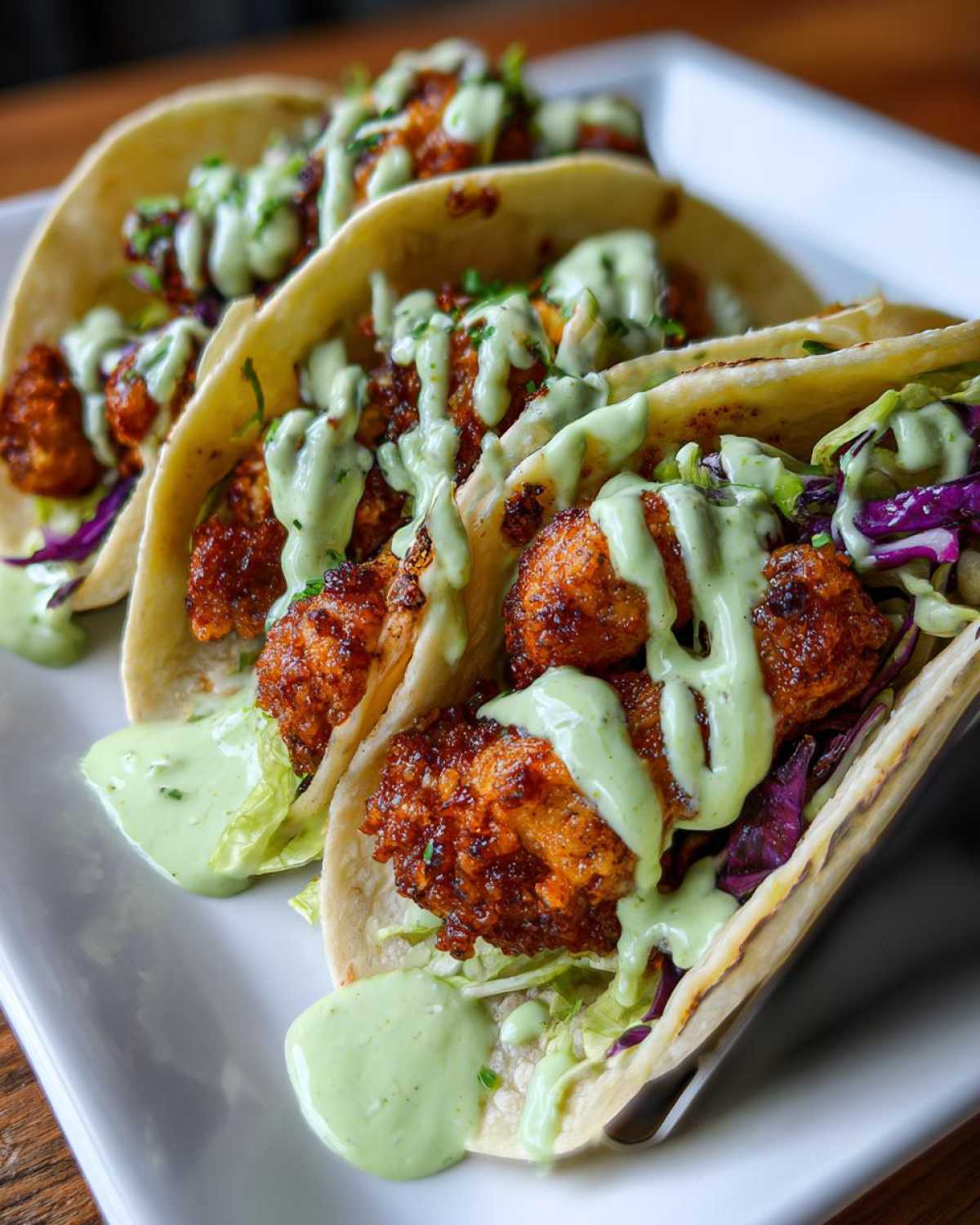 Three Crispy Chicken Tacos loaded with shredded lettuce, red cabbage, and generously drizzled with bright green avocado cream.