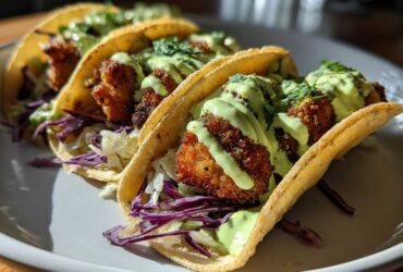 Three Crispy Chicken Tacos with avocado cream drizzle, shredded cabbage, and cilantro on a white plate.