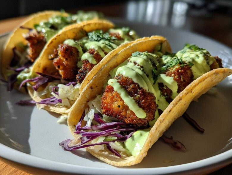 Three Crispy Chicken Tacos with avocado cream drizzle, shredded cabbage, and cilantro on a white plate.