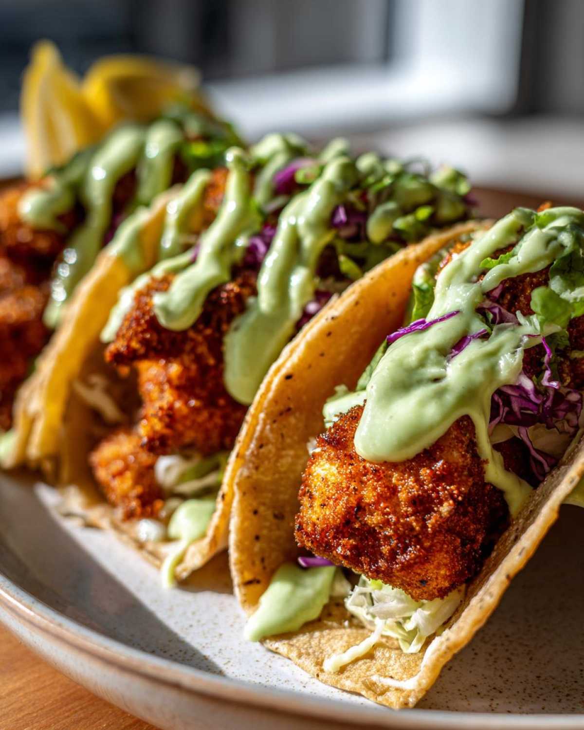 Three Crispy Chicken Tacos topped with shredded cabbage and drizzled generously with bright green avocado cream sauce.