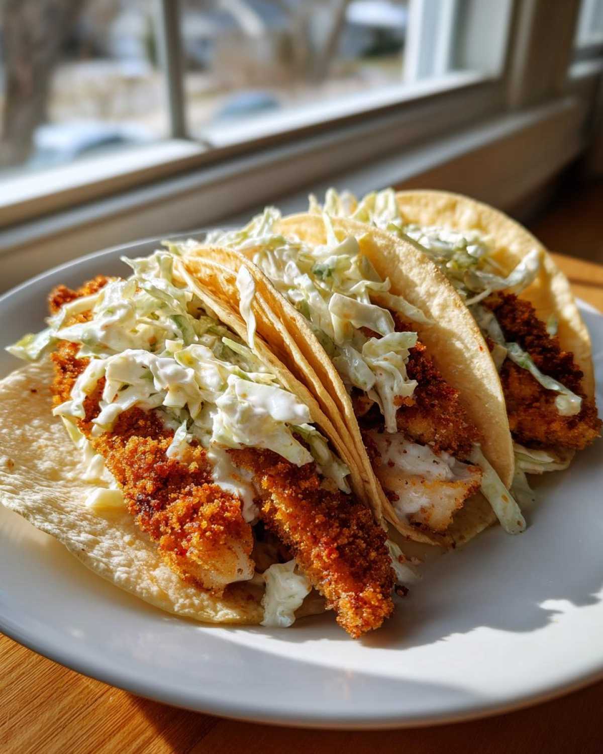 Three Crispy Chicken Tacos topped with creamy coleslaw, served on a white plate near a window.