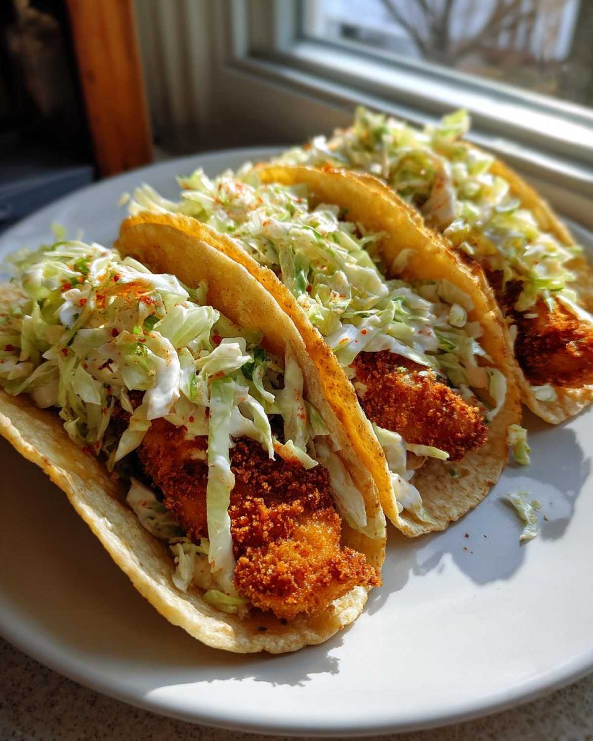 Three Crispy Chicken Tacos filled with breaded chicken and topped generously with creamy slaw, sprinkled with paprika.