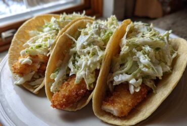 Three Crispy Chicken Tacos generously topped with creamy slaw, served on a white plate.