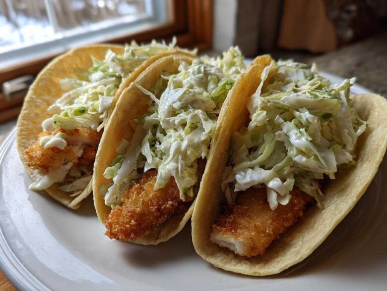 Three Crispy Chicken Tacos generously topped with creamy slaw, served on a white plate.
