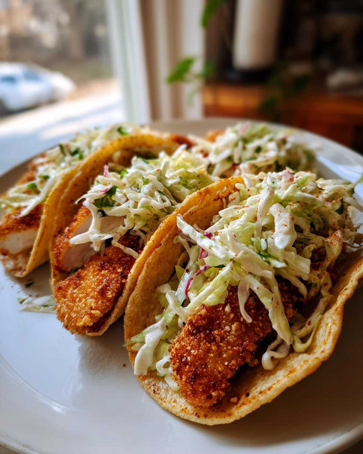 A plate of three Crispy Chicken Tacos topped generously with creamy slaw and seasoning.
