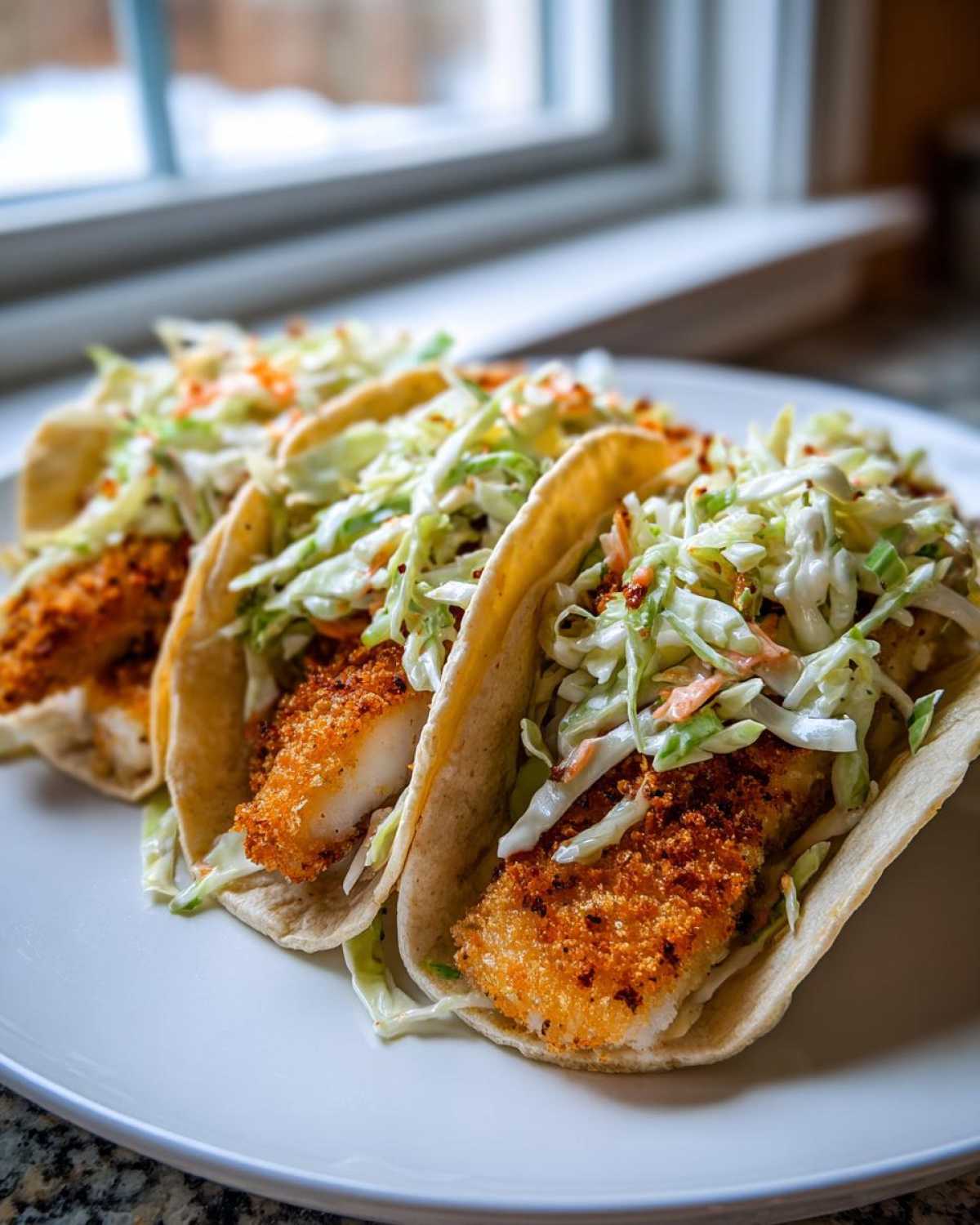 Three Crispy Chicken Tacos topped generously with creamy slaw, ready to eat.