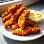 A pile of golden brown, crispy chicken tenders served on a white plate next to a small cup of Garlic Parmesan Dip.