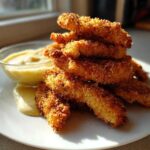 A stack of golden brown Crispy Chicken Tenders served with a small bowl of creamy Garlic Parmesan Dip.