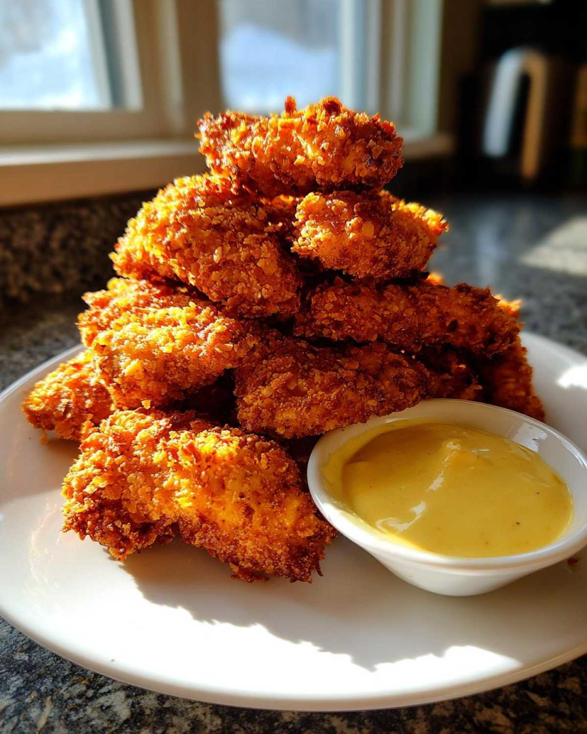 A stack of golden brown Crispy Chicken Tenders served on a white plate next to a small bowl of yellow dipping sauce.