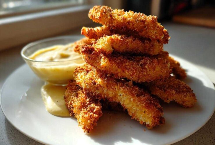 A stack of golden brown Crispy Chicken Tenders served with a small bowl of creamy Garlic Parmesan Dip.