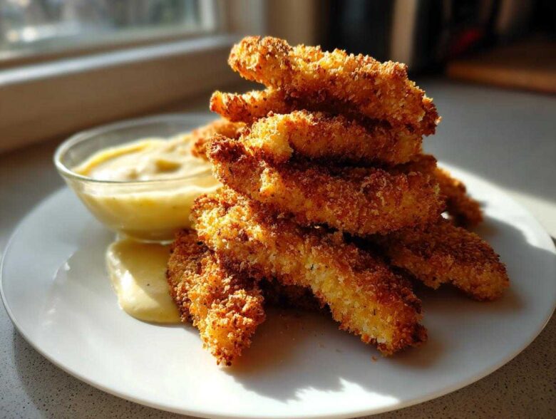 A stack of golden brown Crispy Chicken Tenders served with a small bowl of creamy Garlic Parmesan Dip.