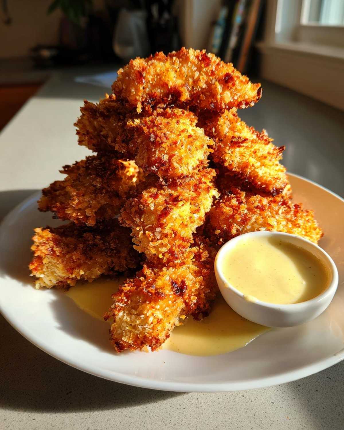 A tall stack of golden brown, crispy chicken tenders served with a small bowl of creamy Garlic Parmesan Dip.