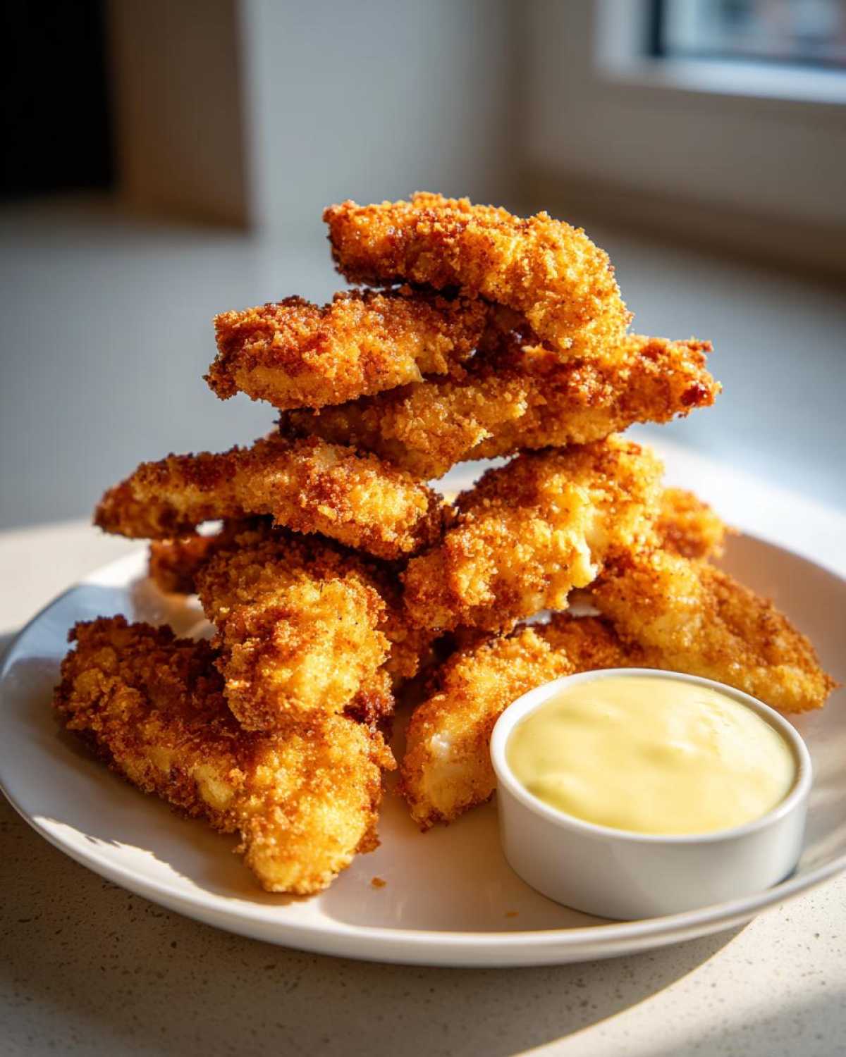 A tall stack of golden brown, crispy chicken tenders served on a white plate next to a small bowl of Garlic Parmesan Dip.