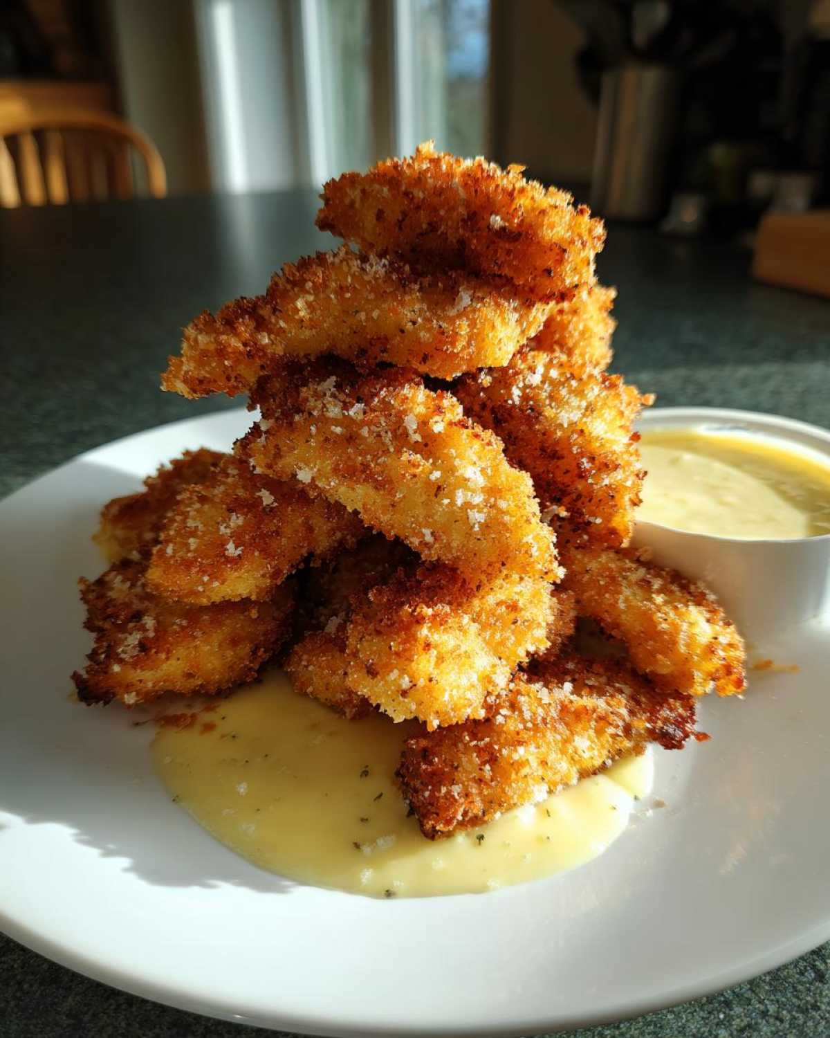 A tall stack of golden brown Crispy Chicken Tenders sprinkled with Parmesan cheese, served with a side of creamy Garlic Parmesan Dip.