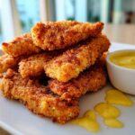 A stack of golden brown Crispy Chicken Tenders served next to a small bowl of bright yellow honey mustard sauce.