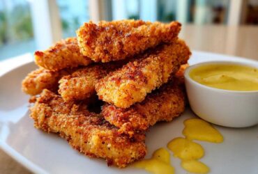 A stack of golden brown Crispy Chicken Tenders served next to a small bowl of bright yellow honey mustard sauce.