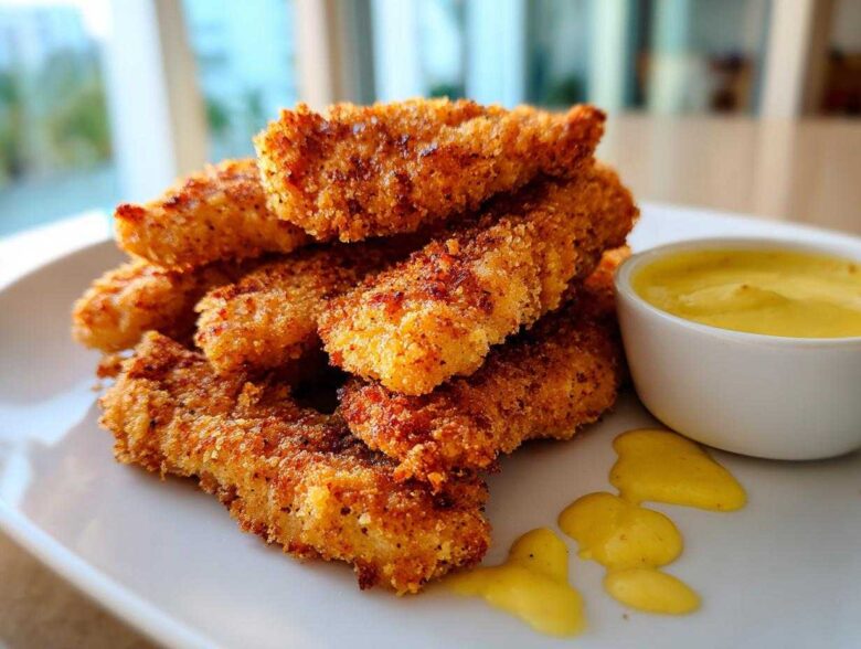 A stack of golden brown Crispy Chicken Tenders served next to a small bowl of bright yellow honey mustard sauce.