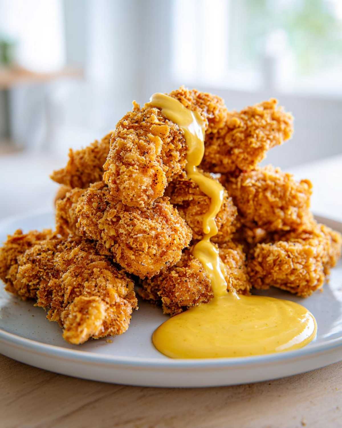 A stack of golden brown Crispy Chicken Tenders with Honey Mustard sauce drizzling over the top.