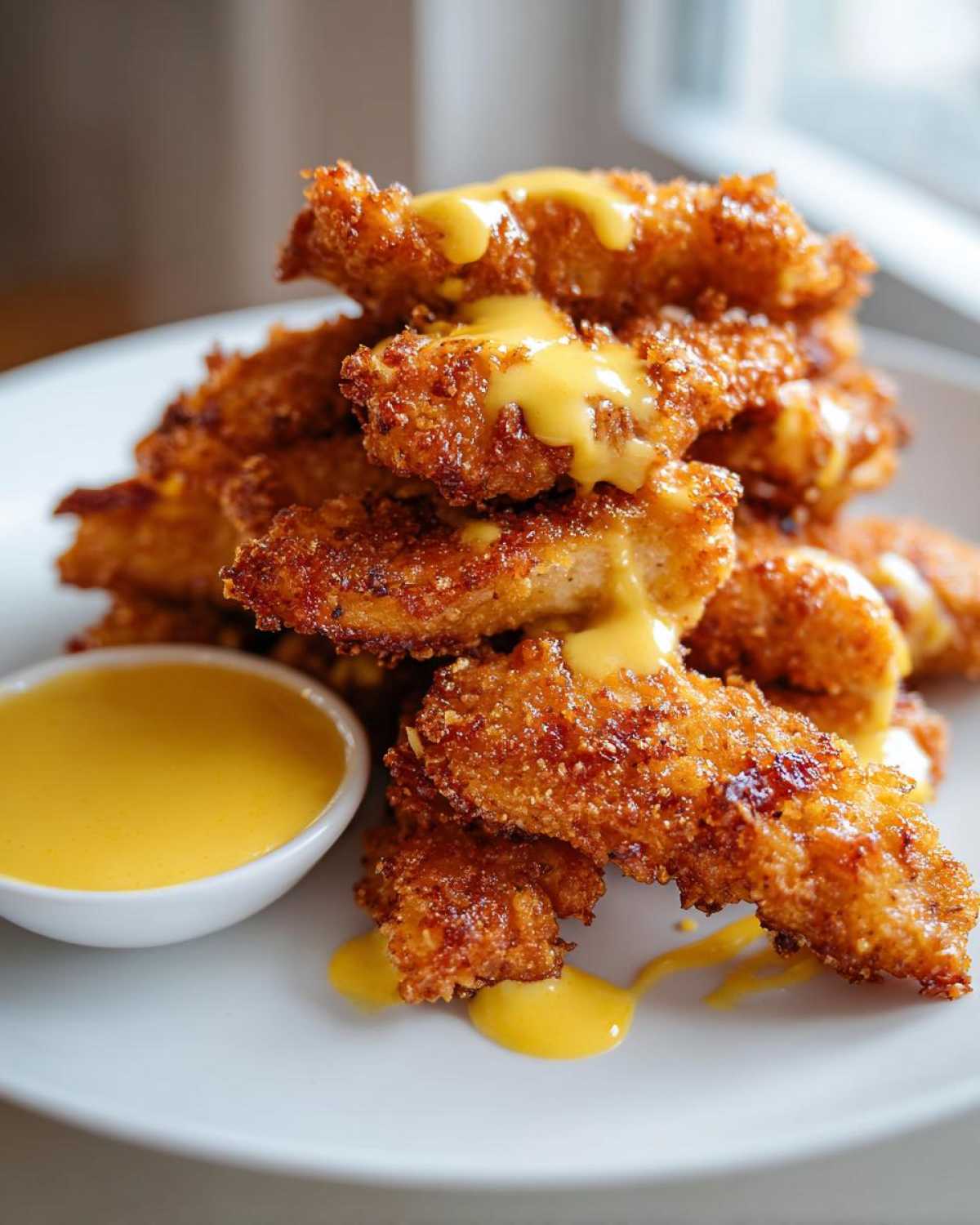 A stack of golden brown Crispy Chicken Tenders with Honey Mustard sauce drizzled over them.