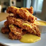 A stack of golden brown Crispy Chicken Tenders with Honey Mustard drizzled over them, served on a white plate.