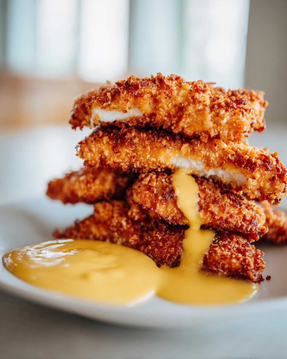 A stack of golden brown, crispy chicken tenders served with a generous amount of bright yellow honey mustard sauce.