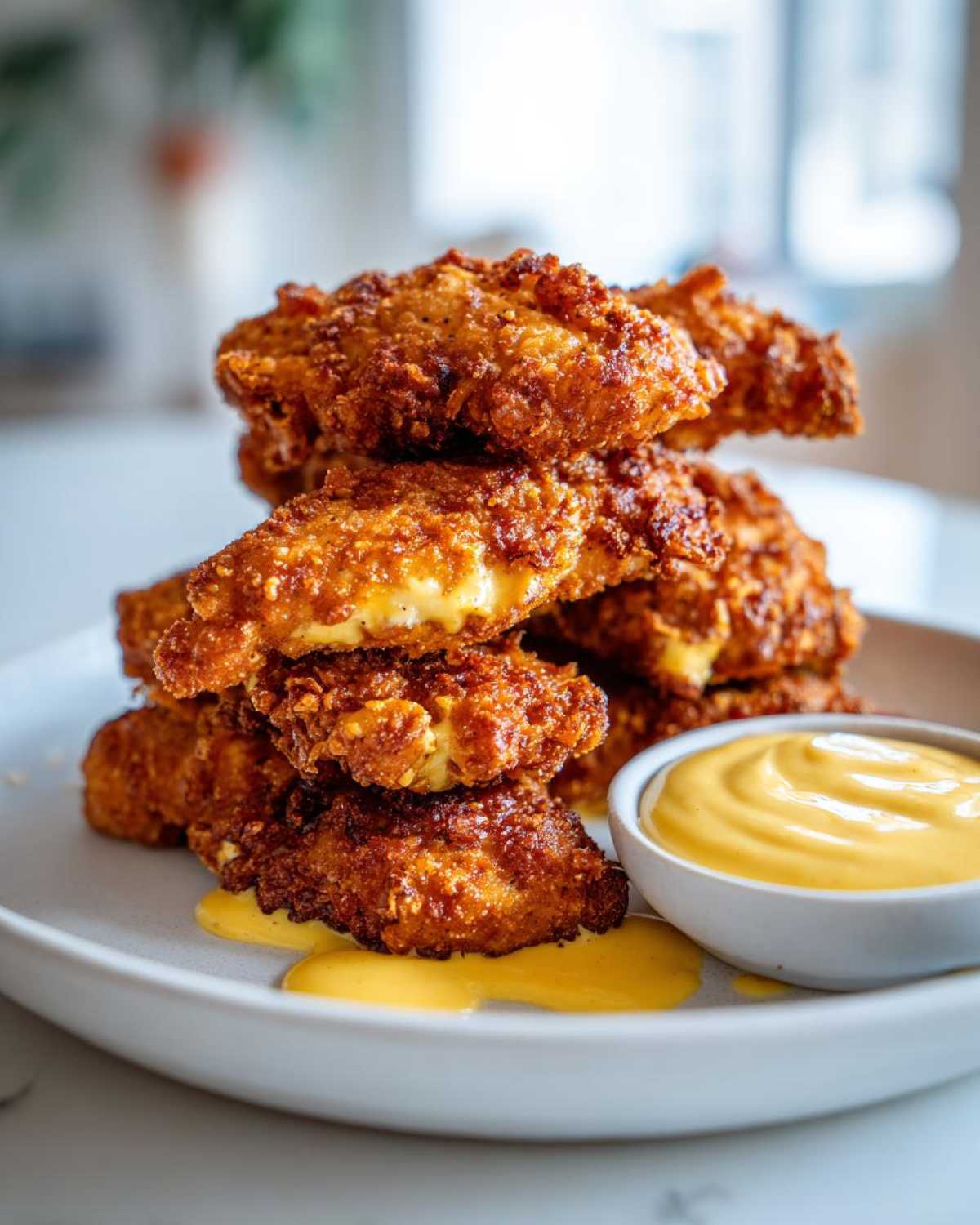 A tall stack of golden brown, crispy chicken tenders served with a side of bright yellow honey mustard dip.
