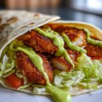 Close-up of a Crispy Chicken Wrap with Avocado Sauce, featuring golden fried chicken, lettuce, and tomato in a tortilla.