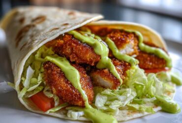 Close-up of a Crispy Chicken Wrap with Avocado Sauce, featuring golden fried chicken, lettuce, and tomato in a tortilla.