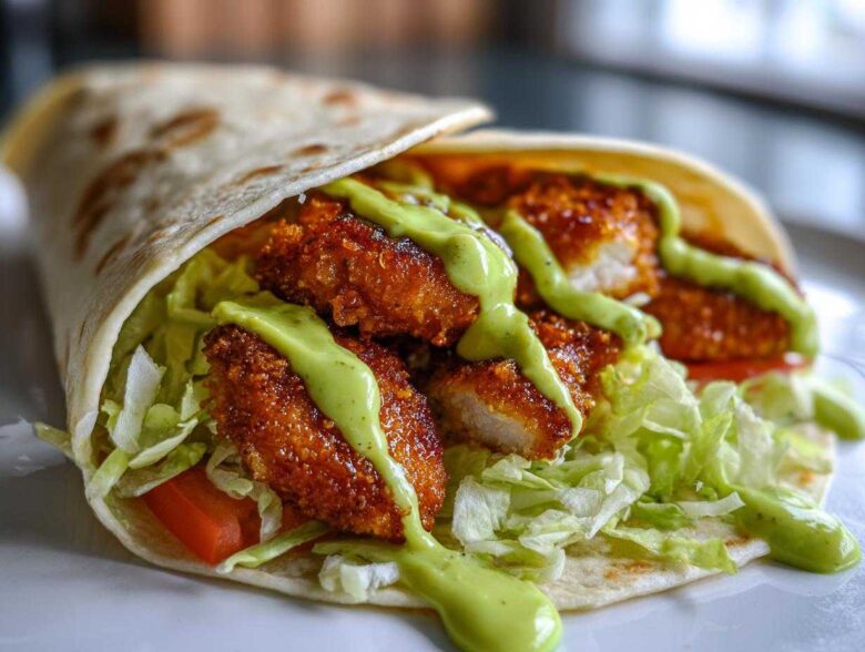 Close-up of a Crispy Chicken Wrap with Avocado Sauce, featuring golden fried chicken, lettuce, and tomato in a tortilla.