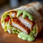 Cross-section of a Crispy Chicken Wrap with avocado sauce drizzled over golden fried chicken pieces and lettuce.