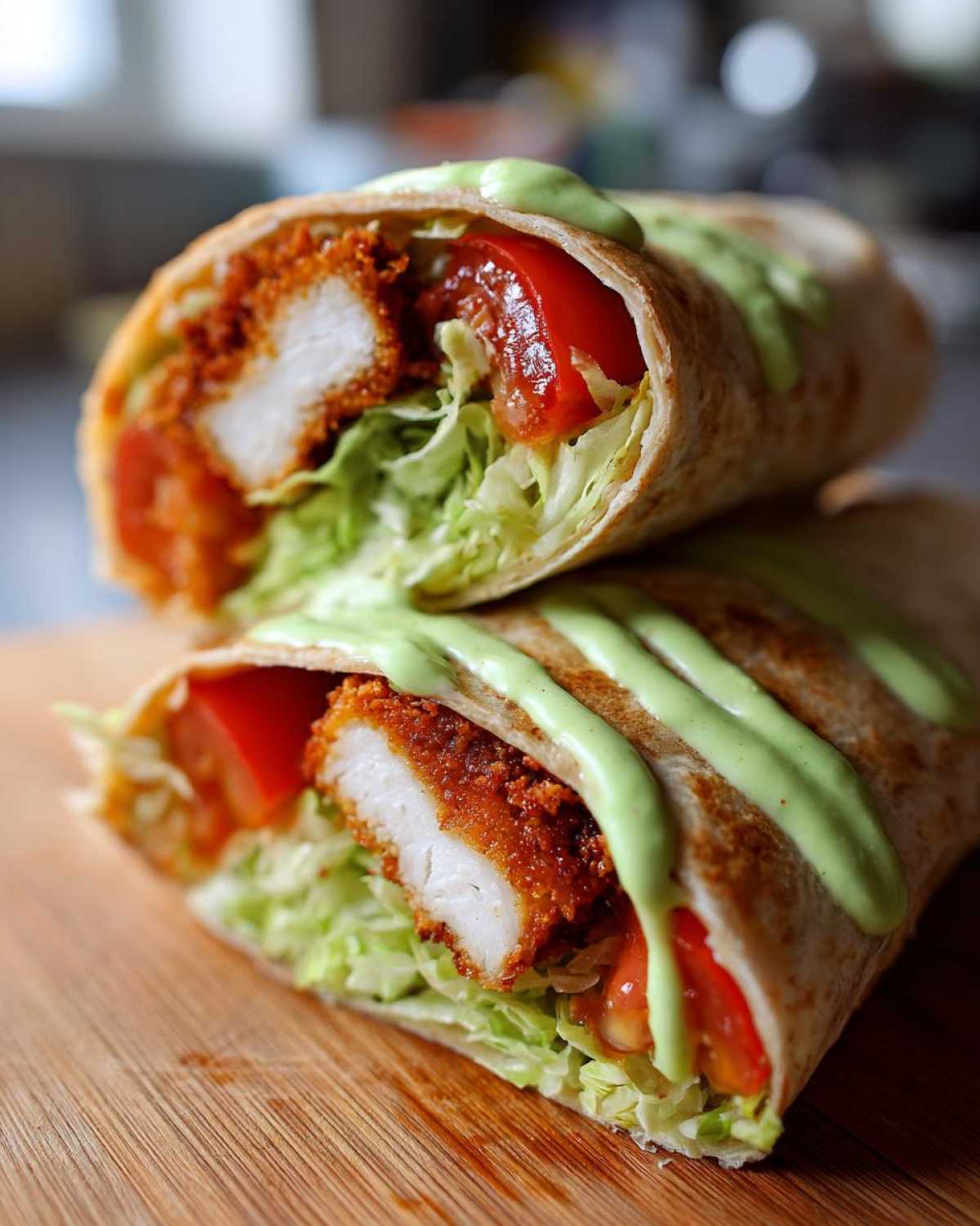 Close-up of a Crispy Chicken Wrap with Avocado Sauce, cut in half, showing breaded chicken, lettuce, and tomato.