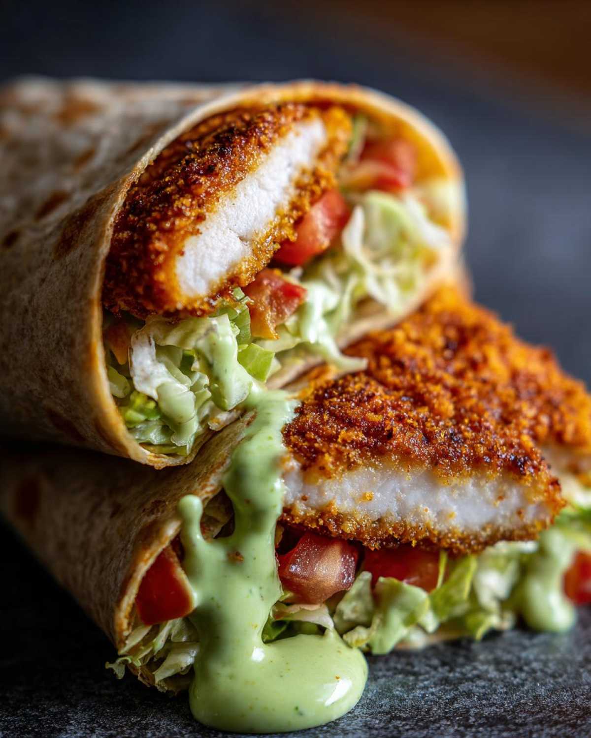 Close-up of a Crispy Chicken Wrap with Avocado Sauce cut in half, showing crispy chicken, lettuce, tomato, and dripping green sauce.
